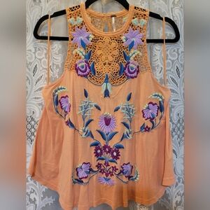 Free People Size XS Crochet Embroidered Floral Lace Top Pastel Orange